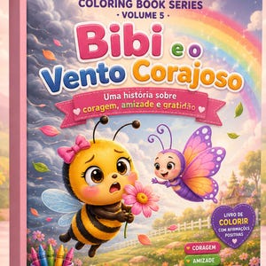 Pode incluir: Um livro de colorir intitulado Bibi e o Vento Corajoso, Volume 5, com uma abelha e uma borboleta num prado. A capa exibe um arco-íris, flores cor-de-rosa e um copo roxo com lápis de cor. O texto inclui Atrakids Tube e afirmações positivas.