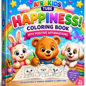 Pode incluir: Um livro de colorir intitulado ATRAKIDS TUBE HAPPINESS! WITH POSITIVE AFFIRMATIONS. A capa mostra um coelho, um urso e um cachorrinho desenhados a colorir. Há um arco-íris, estrelas, nuvens, lápis de cor e blocos no fundo.