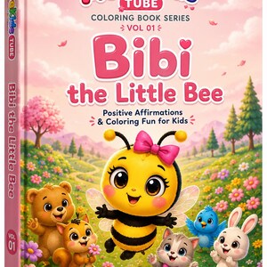 May include: A coloring book titled Atrakids Tube Coloring Book Series Vol 01 Bibi the Little Bee Positive Affirmations & Coloring Fun for Kids. The cover features a cartoon bee, bear, squirrel, cat, and bird in a flower field. Ages 3-6.