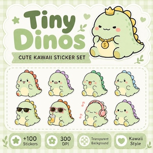 Peut inclure: Une planche d'autocollants intitulée Tiny Dinos Cute Kawaii Sticker Set montrant un dinosaure vert clair avec une couronne et une chaîne dorées. Huit petits dinosaures avec des accessoires comme des lunettes et un casque sont inclus.