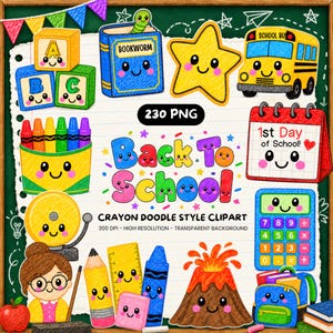 May include: A collection of colorful crayon-style digital illustrations featuring school-themed items including alphabet blocks, a book, a star, a school bus, crayons, a calendar, a calculator, a backpack, a volcano, and a person with glasses.