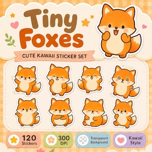 Peut inclure: Un ensemble d'autocollants numériques avec le texte Tiny Foxes CUTE KAWAII STICKER SET. La feuille présente huit illustrations individuelles de renards orange et crème avec diverses expressions, ainsi que des icônes pour 120 stickers, 300 DPI.