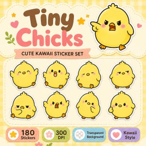 Może przedstawiać: Cyfrowy zestaw naklejek przedstawiający żółte pisklęta o różnych wyrazach twarzy. Tekst głosi Tiny Chicks CUTE KAWAII STICKER SET, 180 Stickers, 300 DPI, Transparent Background oraz Kawaii Style. Projekt zawiera różowe serca i zielone liście.