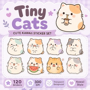 Peut inclure: Un ensemble d'autocollants numériques avec le texte Tiny Cats CUTE KAWAII STICKER SET. La feuille présente huit illustrations de chats ronds de style dessin animé avec diverses expressions, dont un tenant une boisson boba, un avec une pastèque et d'autres montrant des émotions.