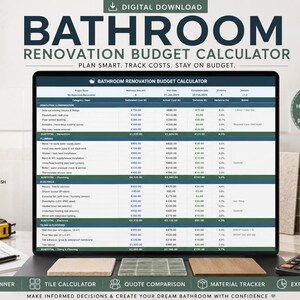 Op de afbeelding: Een digitale budgetcalculator voor badkamerrenovaties op een laptopscherm, met kolommen voor geschatte en werkelijke kosten, variantieanalyse en categorieën zoals sloopwerk, sanitair, elektra en tegels voor projectplanning.