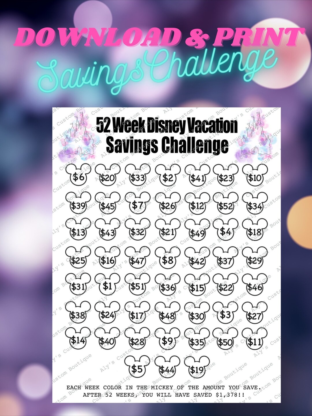 52 Week Disney Vacation Savings Challenge Printable Money Saving Challenge Savings Tracker 52 Week Disney Vacation Savings Challenge Printable Money Saving Challenge Savings Tracker