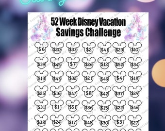 May include: A printable 52-week Disney vacation savings challenge. The challenge features a Mickey Mouse head with a dollar amount inside each head. The challenge encourages saving a total of $1,378. The image includes a watercolor illustration of Cinderella's castle.
