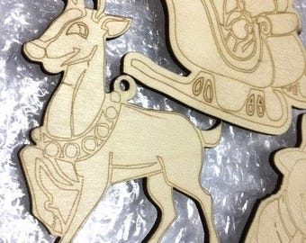 christmas ornaments,deer ornament,santa sleigh,snowman ornament,wood ornaments