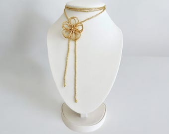 Gold Miyuki Delica Bead Necklace - Handmade Flower Necklace, Stainless Steel Beads, Gift for her