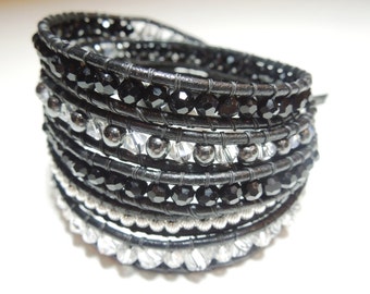 Swarovski Crystal and Leather Single Wrap Bracelet in Black  display picture 3