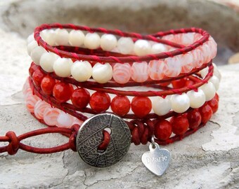 True Love - Wrap Bracelet, Red Bamboo Coral, banded Coral, Mother of Pearl on Greek Natural Red leather