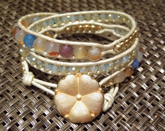 Aqua Fire Agate wrap bracelet, 14k Gold filled beads, Czech Crystal with gold flower closure