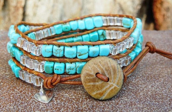 Turquoise Waters Wrap Bracelet Tobacco Greek Leather, Turquoise, Swarovski crystal AB cubes accented with wood leaf carved button closure