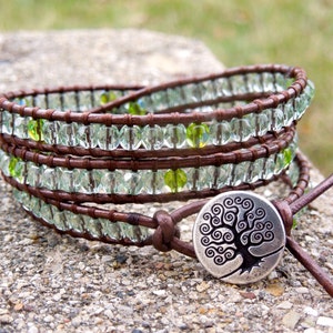 Emerald City Tree of Life - Wrap bracelet, light emerald crystal faceted beads on Metallic Tamba Leather