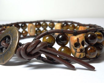 Skull Tiger Eye - Men's wrap bracelet