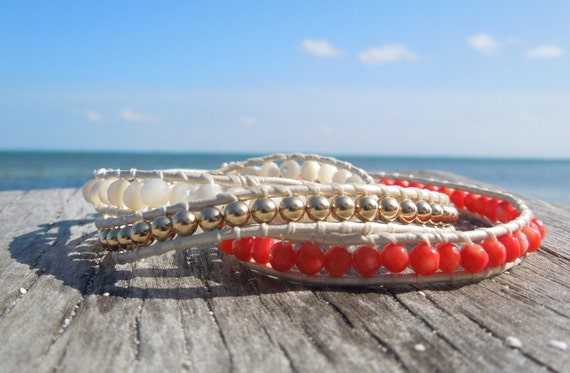 Island Girl Wrap Bracelet, Mother of Pearl, Coral and 14K Gold Filled Beads  on Pearl Greek Leather - Etsy