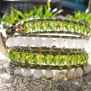Kiwi Couture- Wrap Bracelet, Olivive Fire Polish Faceted, Brass Nuggets, White Nebula Crystal and Howlite Beads