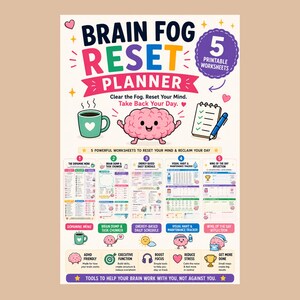 May include: A Brain Fog Reset Planner featuring five printable worksheets. The design includes a cartoon brain, a teal coffee mug, a notepad, and a blue pen. Text includes Brain Fog Reset Planner, Clear the Fog, Reset Your Mind, Take Back Your Day.