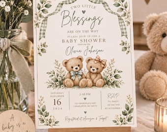 Invito per baby shower gemellare / Due piccole benedizioni, design con orsacchiotto (modello Canva modificabile)