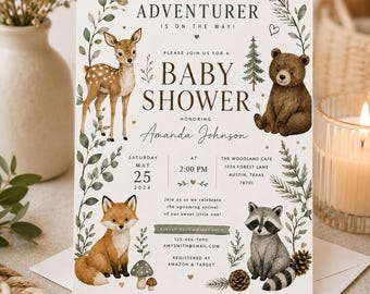 Inviti per baby shower a tema bosco / Animali del bosco ad acquerello, tema avventura (inviti stampati)
