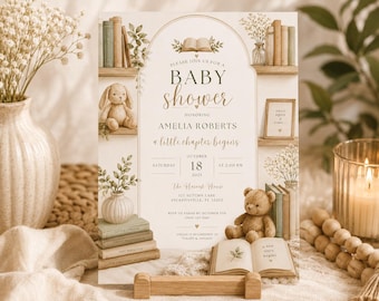 Invito per baby shower a tema libro di fiabe / Invito modificabile a tema libro su Canva (download digitale)