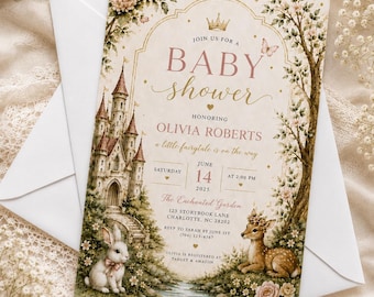 Invito per baby shower a tema fiabesco / Castello delle fiabe, orsacchiotto (download digitale)