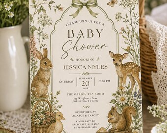 Invito per baby shower in stile cottagecore a tema bosco, con animali ad acquerello e fiori selvatici (modificabile su Canva)