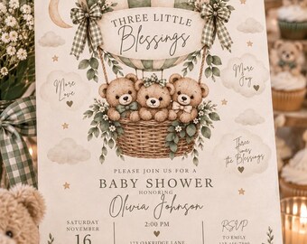 Invito per baby shower trigemellare / Invito con orsacchiotto "Tre piccole benedizioni" (Modello Canva modificabile)