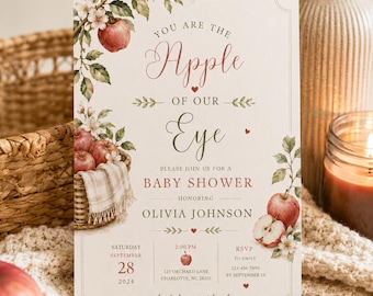 Apple Of Our Eye – Invito per baby shower, modello Canva modificabile, tema frutteto autunnale. Scarica