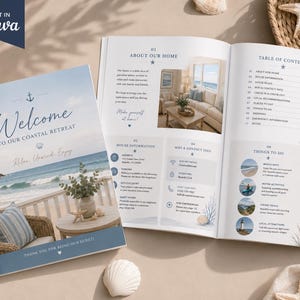 Peut inclure: Un modèle de livret d'accueil sur le thème côtier avec une palette de couleurs bleu et blanc. La couverture présente une scène de plage avec une chaise en osier et le texte Welcome to our coastal retreat. Les pages intérieures incluent une table des matières, des informations sur la maison et une liste d'activités locales avec de petites photos circulaires.