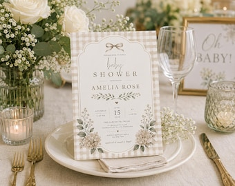 Invito per baby shower a quadretti neutri, con design floreale e botanico (modificabile su Canvas)