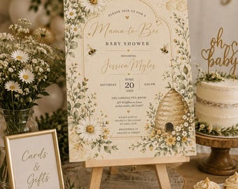 Invito per baby shower modificabile su Canva, con design ad acquerello di ape e fiori (modello digitale)