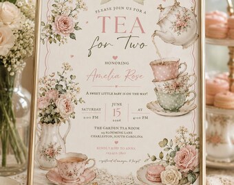 Invito per baby shower "Tea for Two", modello floreale per festa del tè (modificabile su Canva)