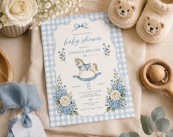 Invito per baby shower a quadretti blu, con cavallo a dondolo e motivi floreali (modificabile su Canva)