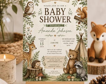 Invito per baby shower a tema animali del bosco / Animali della foresta ad acquerello (download digitale)