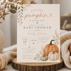 Inbjudan till babyshower med liten pumpa | Mall för höst och akvarellmotiv (digital nedladdning)