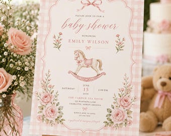 Invito per baby shower a quadretti rosa, con cavallo a dondolo vintage e fiocco floreale (modello modificabile su Canva)