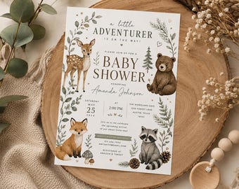 Invito per baby shower a tema bosco / Modello Canva modificabile, Animali del bosco (Download immediato)