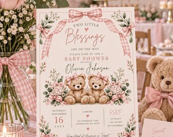 Invito per baby shower per gemelle / Orsetto a quadretti rosa (Modello Canva modificabile)