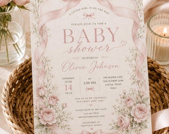 Invito per baby shower con fiocco rosa, modello floreale e civettuolo (download digitale)