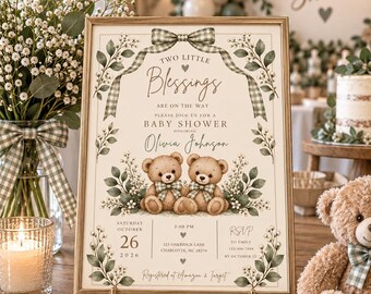Invito per baby shower per gemelli (genere neutro) / Due piccoli orsetti di peluche "Due piccole benedizioni" (modello Canva modificabile)