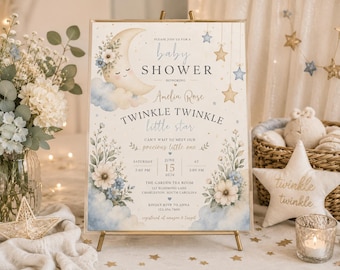 Invito per baby shower "Twinkle Twinkle Little Star", con luna e stelle ad acquerello (modello Canvas)