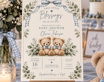 Invito per baby shower per gemelli / Gemelli con orsetti a quadretti blu (modello Canva modificabile)