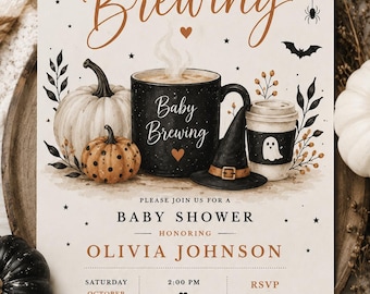 Invito per baby shower a tema Halloween / "Un bambino sta preparando il caffè" (Download digitale)