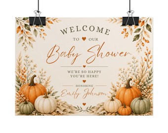 Cartello di benvenuto per baby shower: zucche autunnali, decorazioni floreali (poster arrotolato)