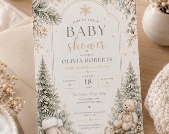Invito per baby shower a tema "Paese delle meraviglie invernale" / Modello Fiocco di neve modificabile (Download digitale)
