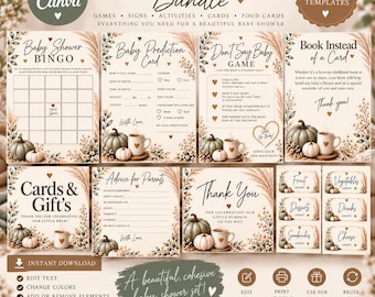 Pacchetto per baby shower autunnale / Modelli Canva modificabili (inviti, giochi, cartelli)