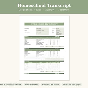 May include: A digital homeschool transcript template featuring sage green headers and borders. The document includes sections for student information, grade 9 through 12 course listings, credits, grades, and GPA calculations for Google Sheets and Excel.
