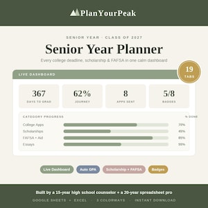 May include: A digital Senior Year Planner in green and white. The planner helps with college deadlines, scholarships, and FAFSA. It shows progress metrics, including days to graduation, journey progress, apps sent, and badges. Includes 19 tabs.