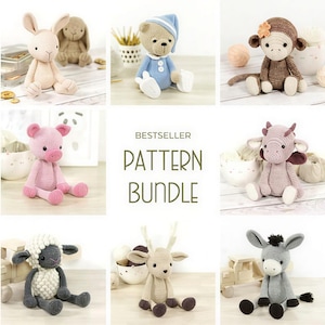 May include: A collection of eight crocheted stuffed animals including a rabbit, bear, monkey, pig, cow, sheep, deer, and donkey. The center text reads BESTSELLER PATTERN BUNDLE. Each animal features yarn construction with distinct colors and features.